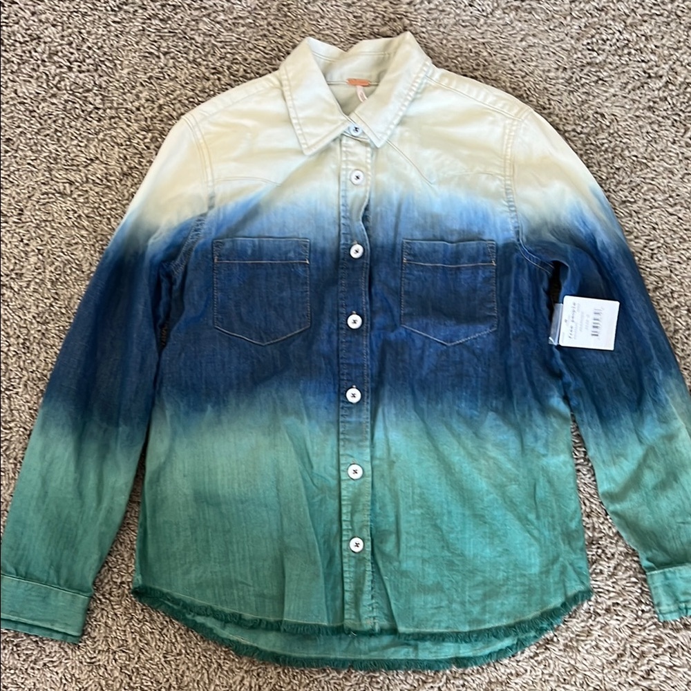 NWT Free People Gradient Blue Green Button-Up Shirt